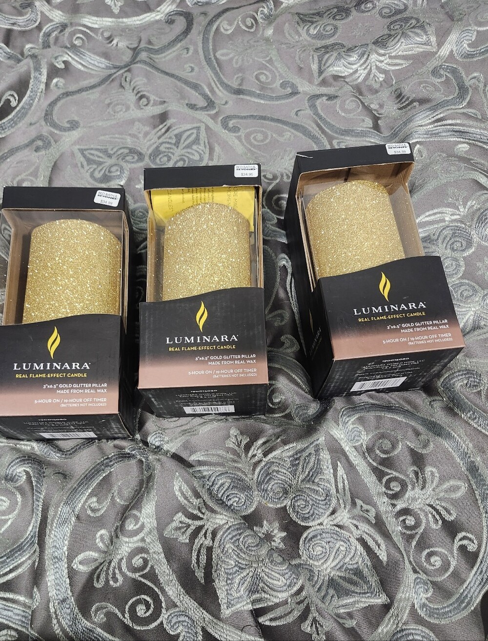 3x Luminara Gold Glitter Real Flame Effect Electric Candles
